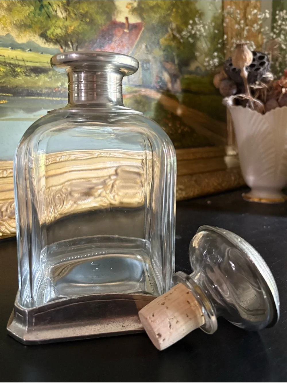 Italian Glass & Pewter Medium Geometric Decanter w/ Rounded Stopper Minimalist